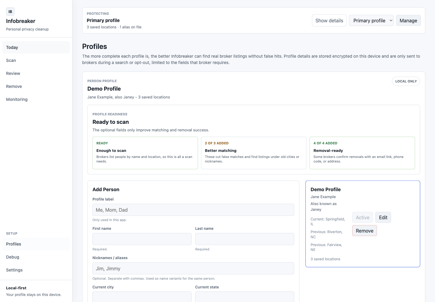 Profiles screen