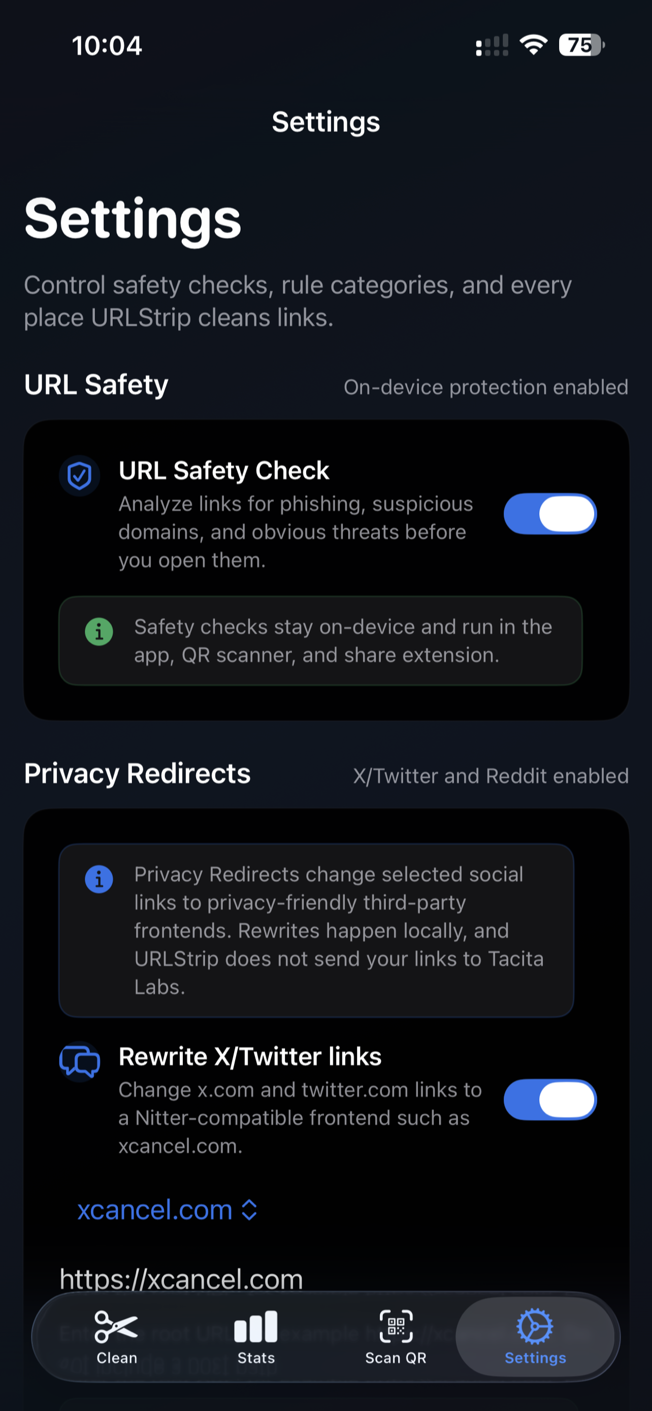 URLStrip iPhone settings screen