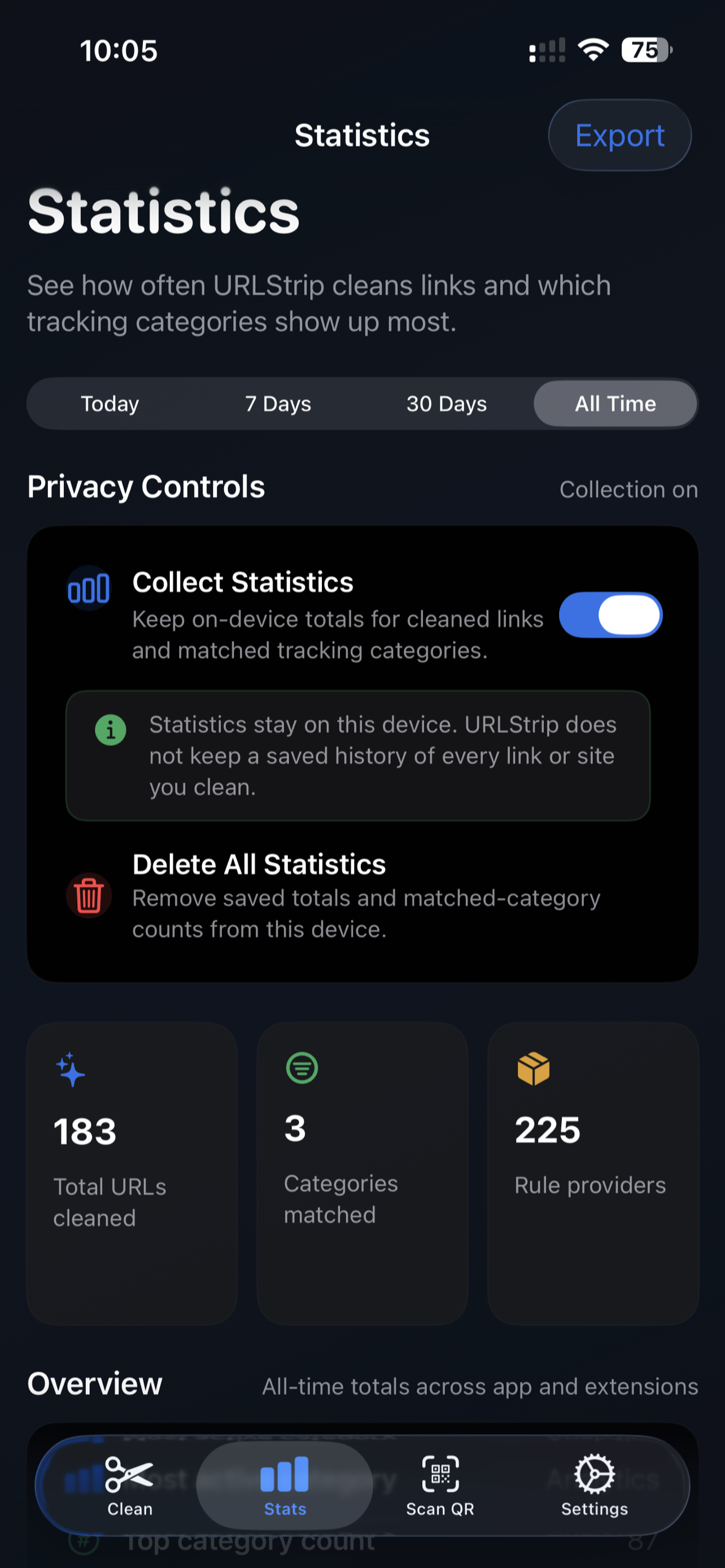 URLStrip iPhone statistics screen