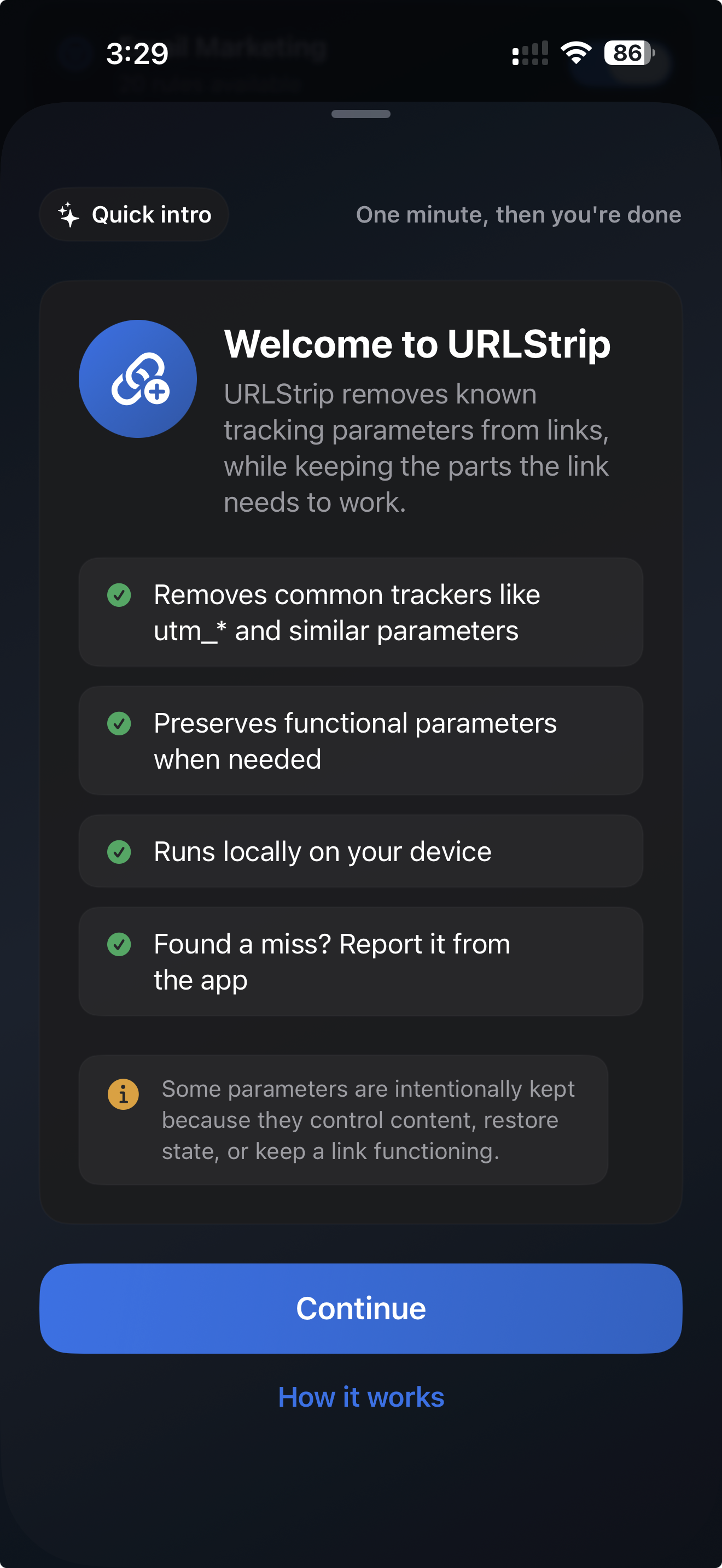 URLStrip iPhone quick intro screen