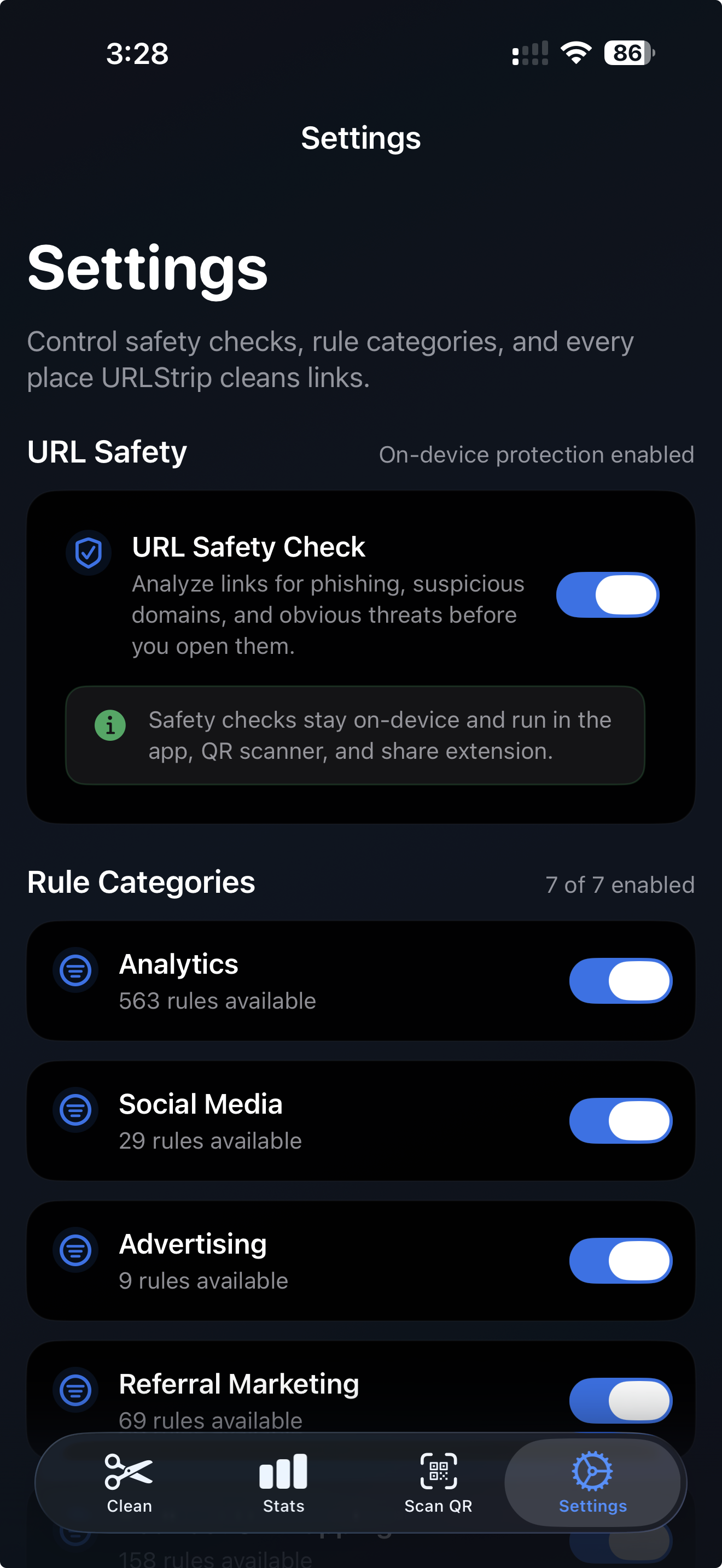 URLStrip iPhone settings screen